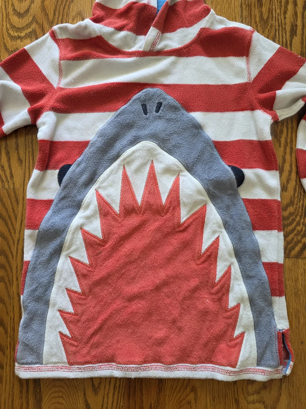 Mini Boden Red and White Striped Shark Hooded Kids Swim Coverup